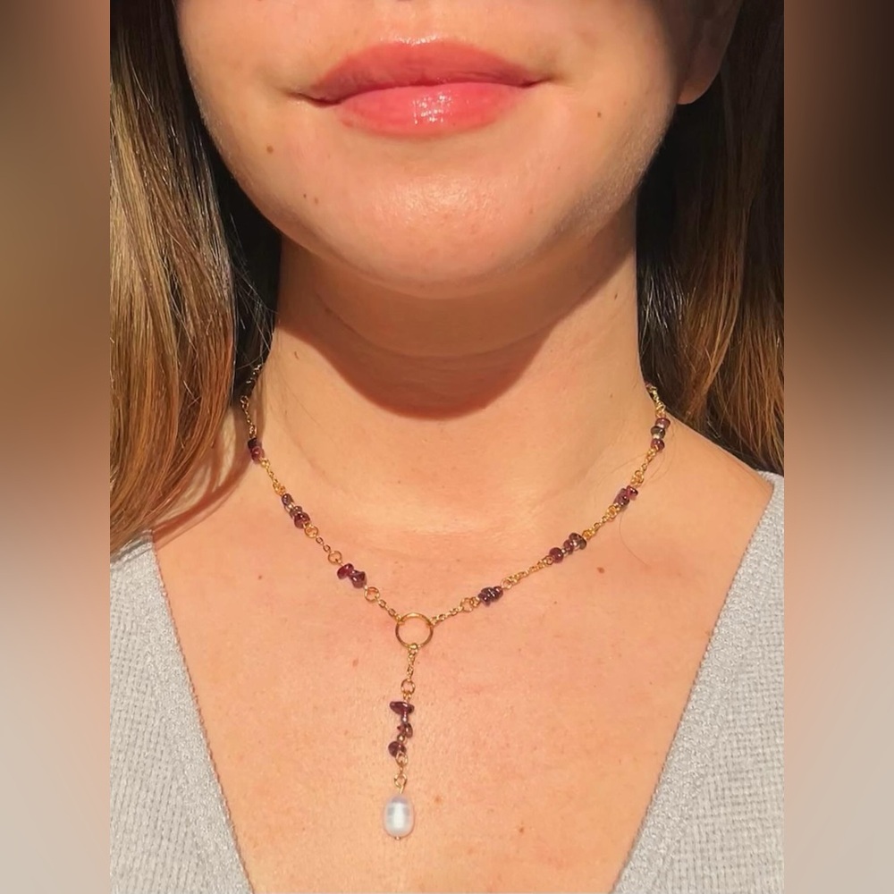Anthropologie Gold and Purple Necklace with Pearl Drop